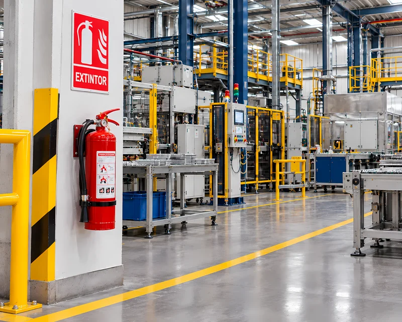 Extintores rodantes y PQS en planta industrial