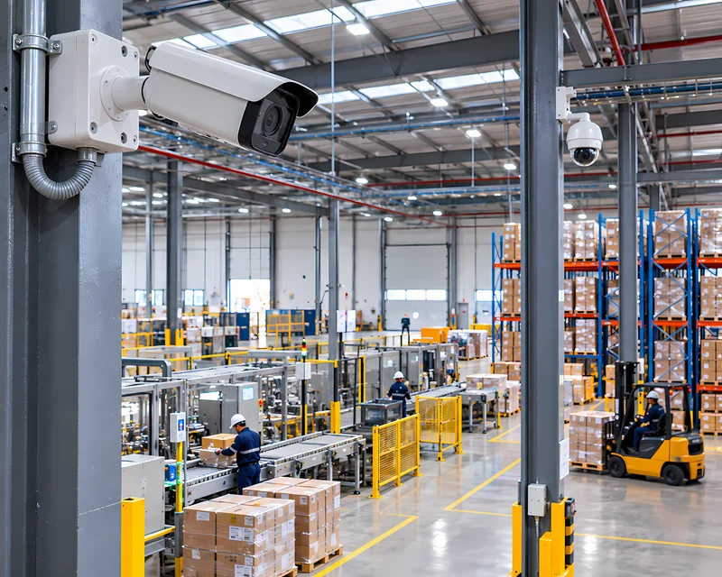 Cámaras de seguridad instaladas en la estructura de una planta industrial