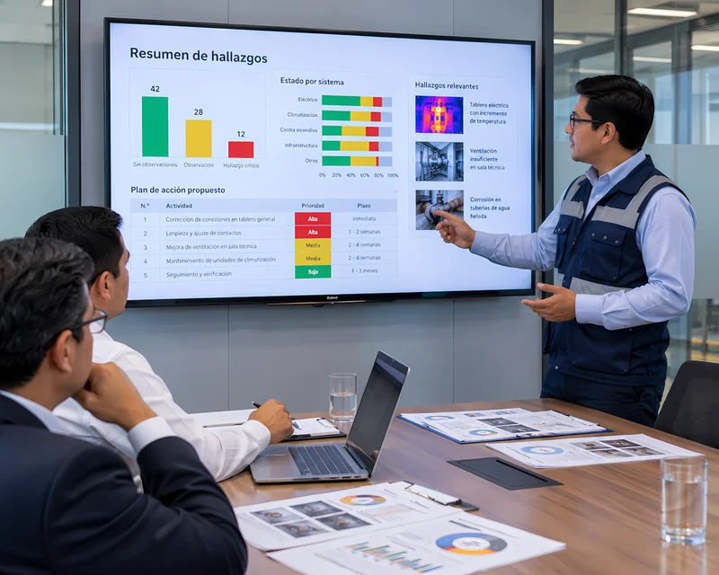 Ingeniero presentando el informe de inspección y diagnóstico técnico a la gerencia de una empresa
