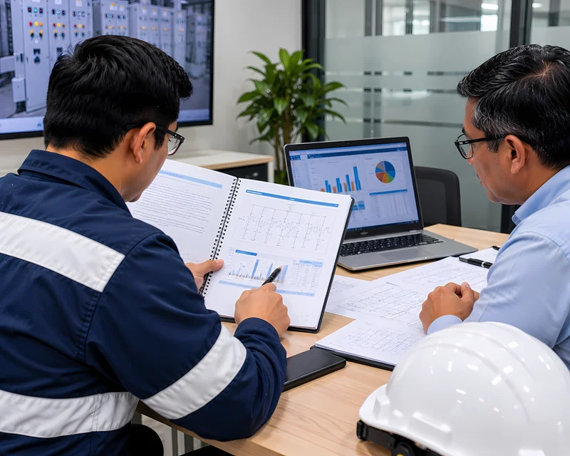 Ingeniero presentando el informe técnico de estudios eléctricos al jefe de mantenimiento de una empresa