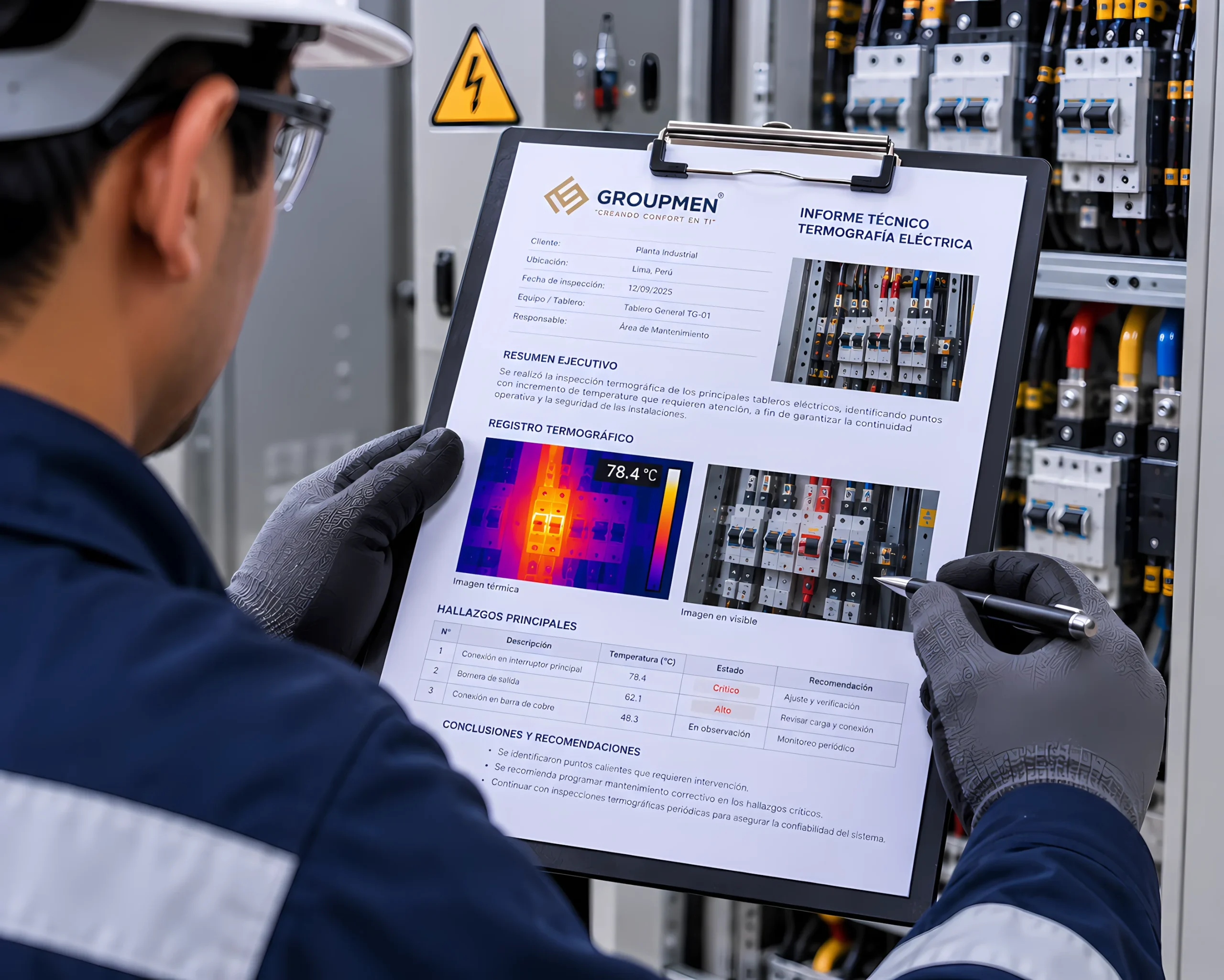 Informe técnico de termografía eléctrica con imágenes térmicas y resultados