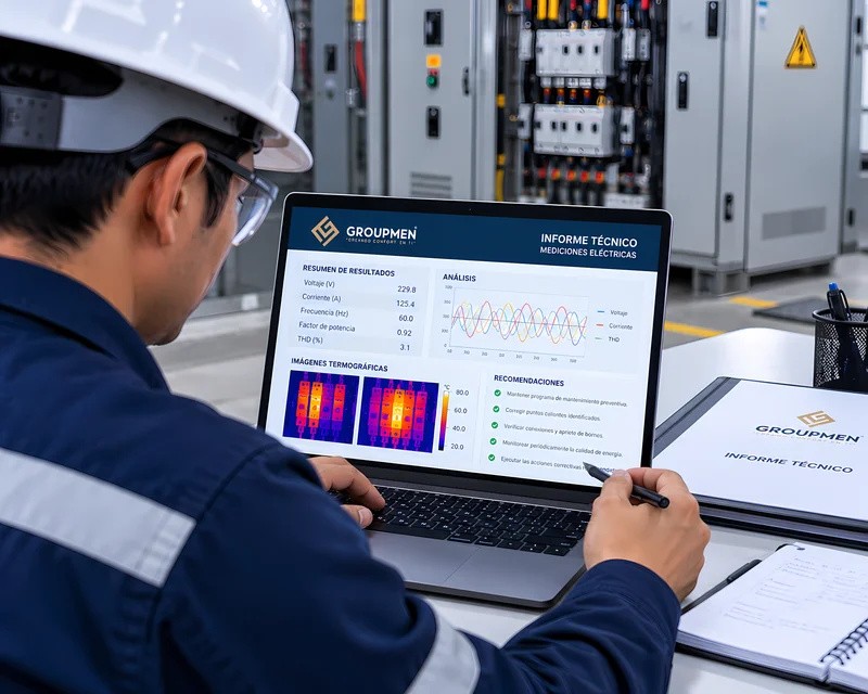 Técnico entregando informe técnico con resultados de mediciones eléctricas