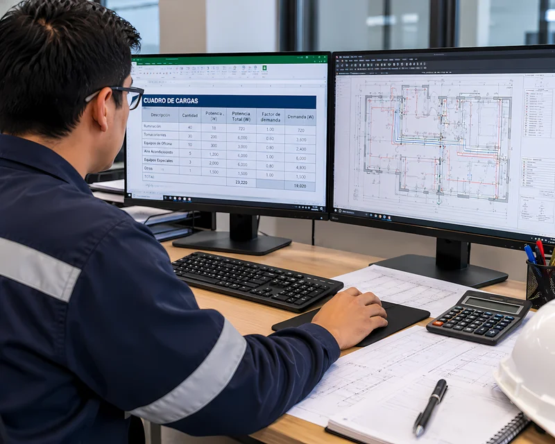 Ingeniero realizando el cálculo de máxima demanda y conductores según el CNE