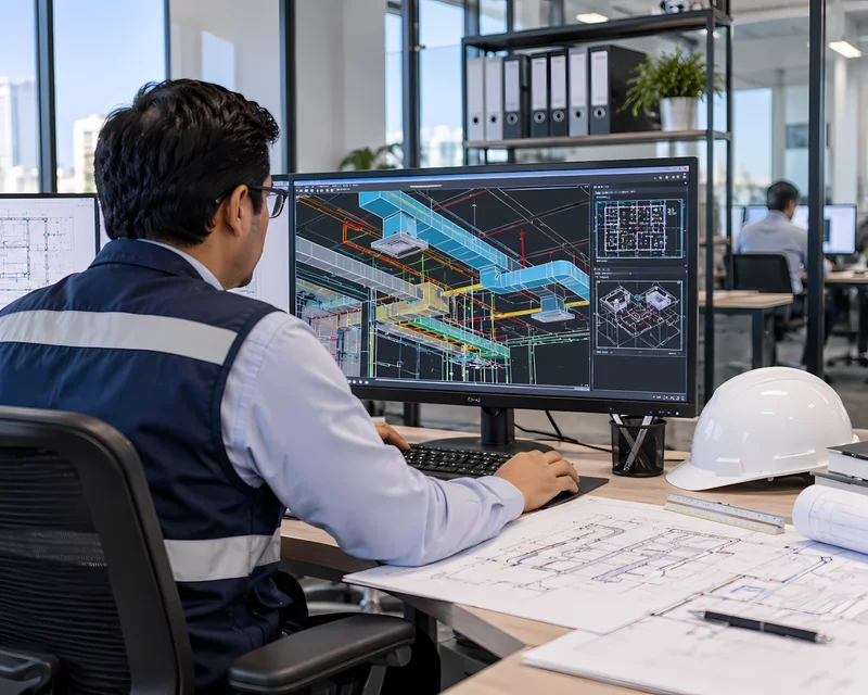 Ingeniero diseñando en laptop los planos de ductos y equipos de un proyecto de aire acondicionado