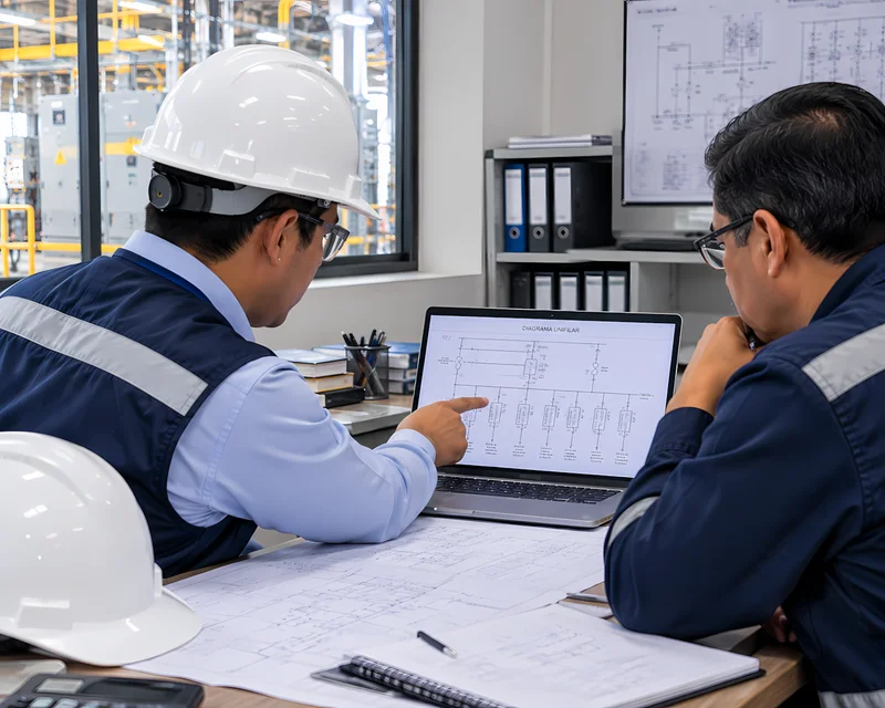 Ingeniero revisando el diagrama unifilar de un proyecto eléctrico con el jefe de mantenimiento de la empresa