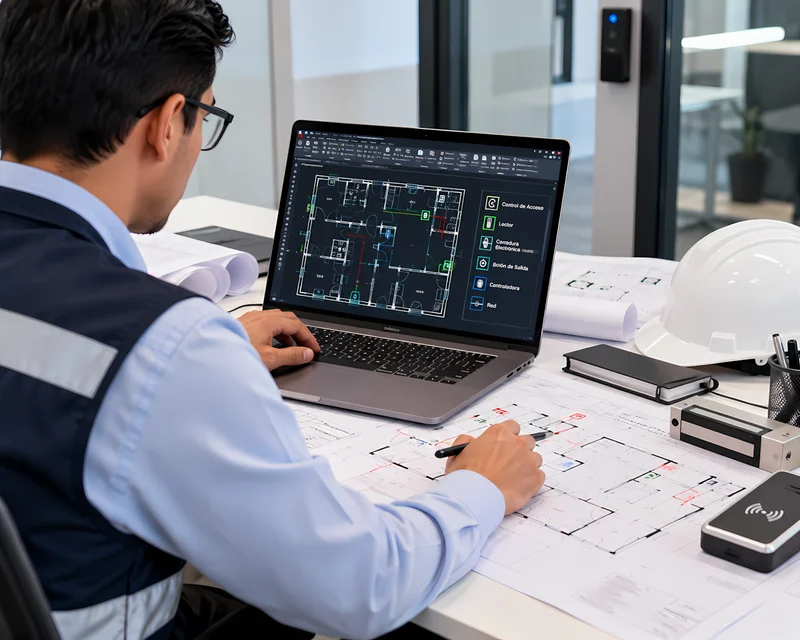 Ingeniero diseñando en laptop la distribución de lectoras y torniquetes del control de acceso
