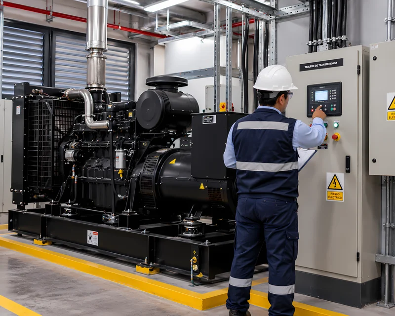 Grupo electrógeno inspeccionado en la sala técnica de una planta industrial