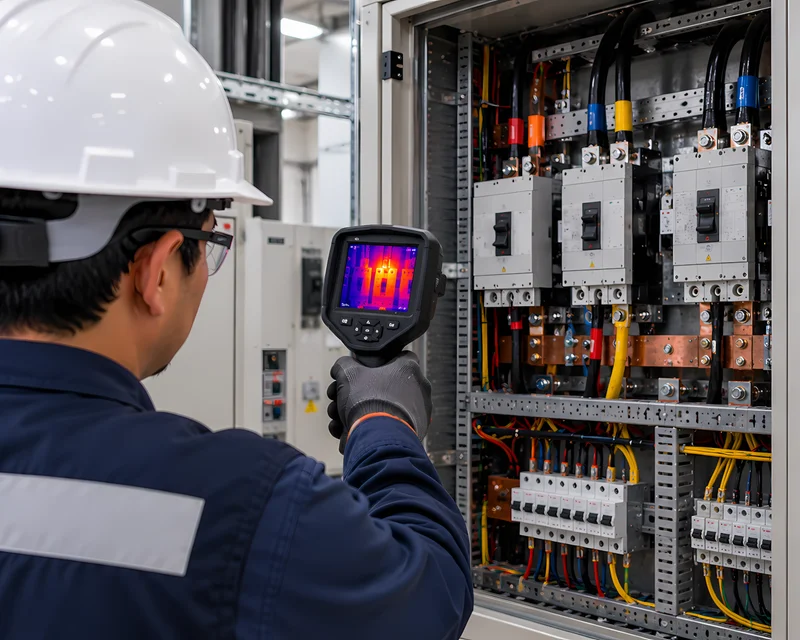 Imagen termográfica de un tablero eléctrico con punto caliente detectado en la inspección
