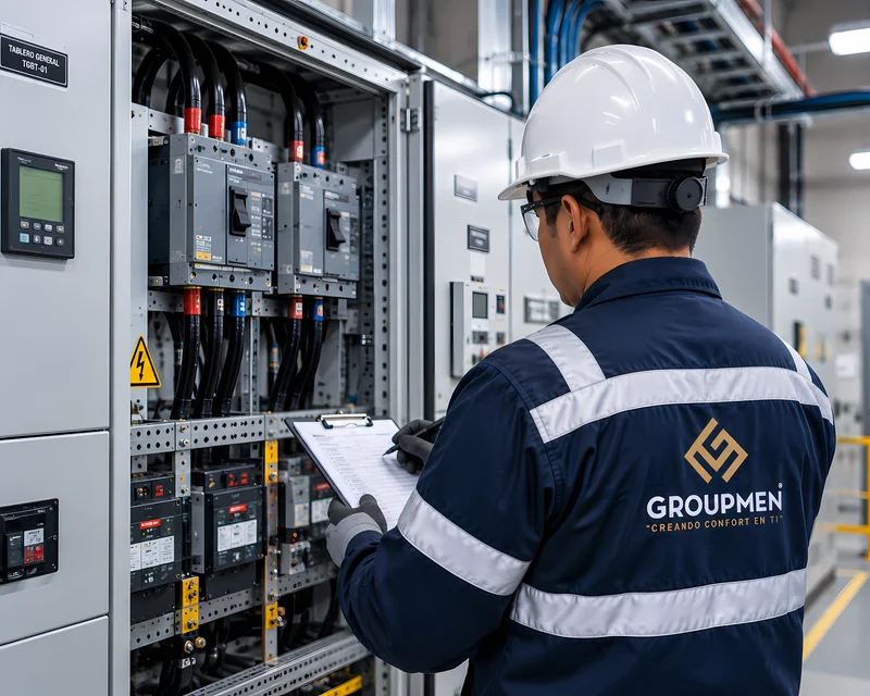 Técnico inspeccionando un tablero eléctrico con cámara termográfica durante la inspección inicial de calidad de energía