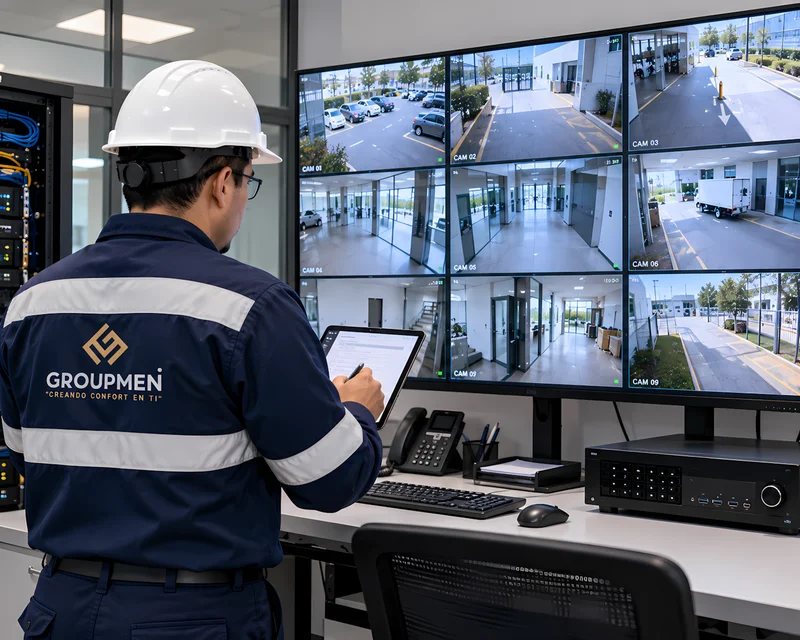 Técnico revisando en monitor las vistas de las cámaras durante el diagnóstico del sistema CCTV