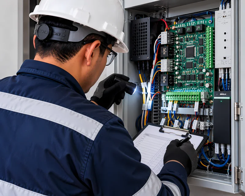 Técnico revisando la controladora de control de acceso dentro de un gabinete durante el diagnóstico