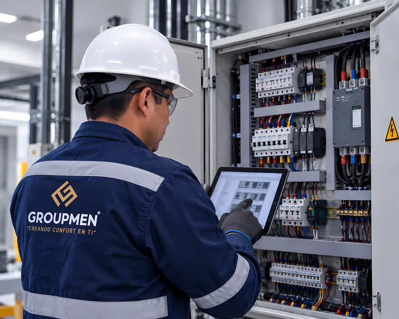 Técnico realizando diagnóstico de falla eléctrica con tablet - mantenimiento correctivo