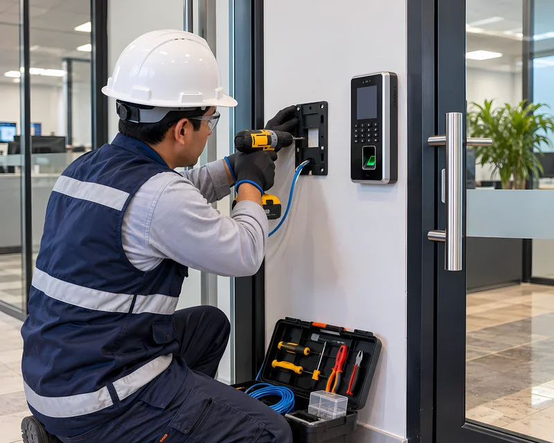 Técnico de Groupmen fijando un lector biométrico en la pared de un ingreso empresarial