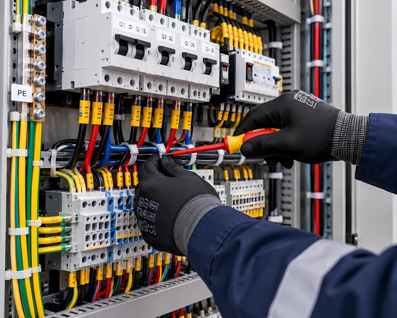 Técnico con EPP conectando alimentadores y peinando cables en un tablero eléctrico industrial