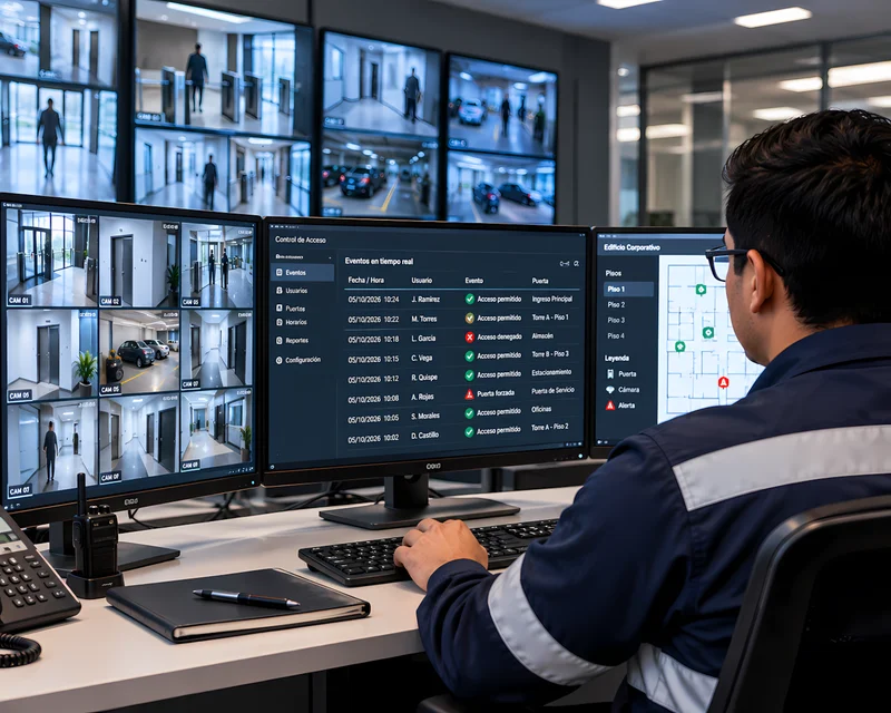 Centro de monitoreo con cámaras CCTV y eventos del control de acceso integrados