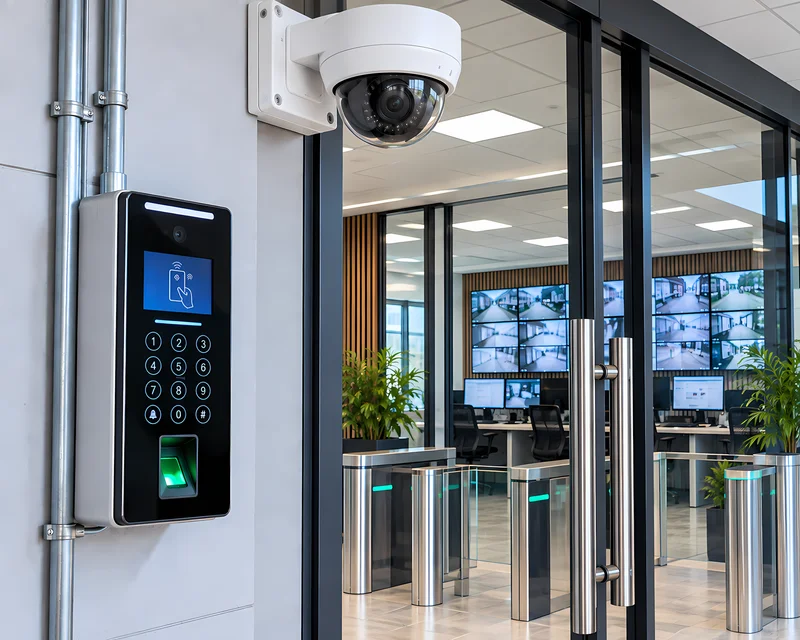 Cámara domo junto a un lector de control de acceso integrado al sistema de seguridad empresarial