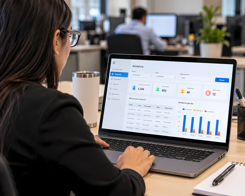 Pantalla con software de asistencia mostrando reportes de marcaciones del personal