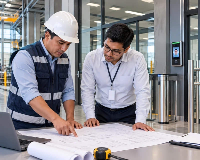 Técnico revisando el plano de accesos de una planta para ubicar lectores biométricos