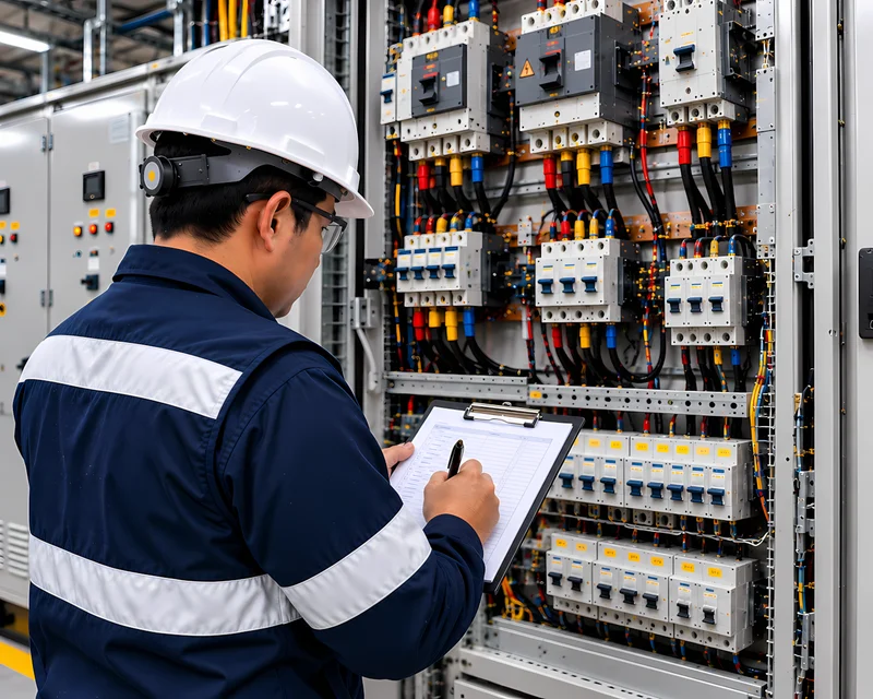 Ingeniero revisando el diagrama unifilar frente al tablero de una planta para un estudio eléctrico