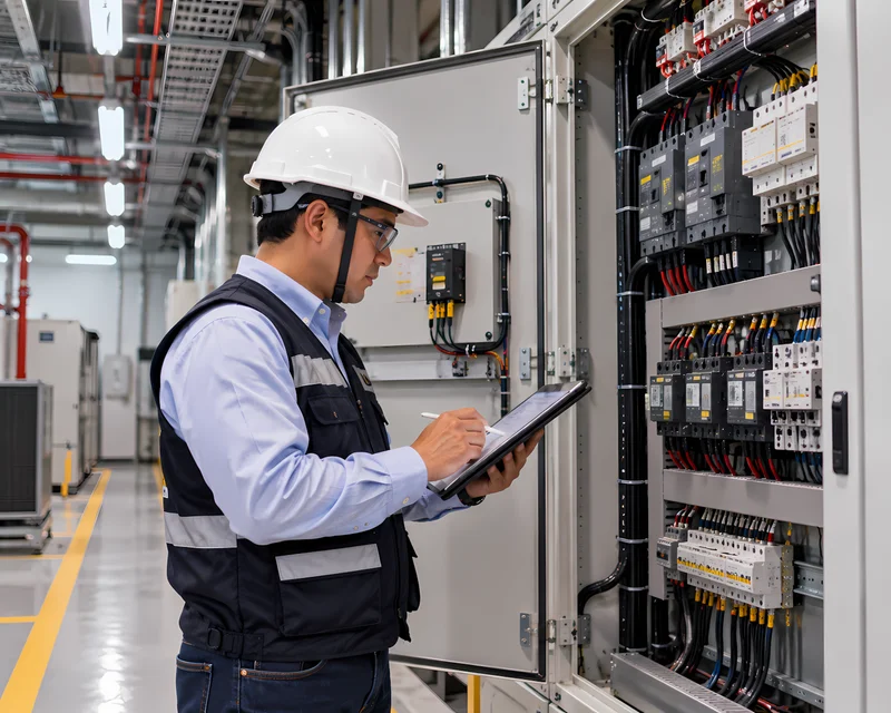 Ingeniero verificando un tablero eléctrico en la sede de una empresa para elaborar la memoria descriptiva