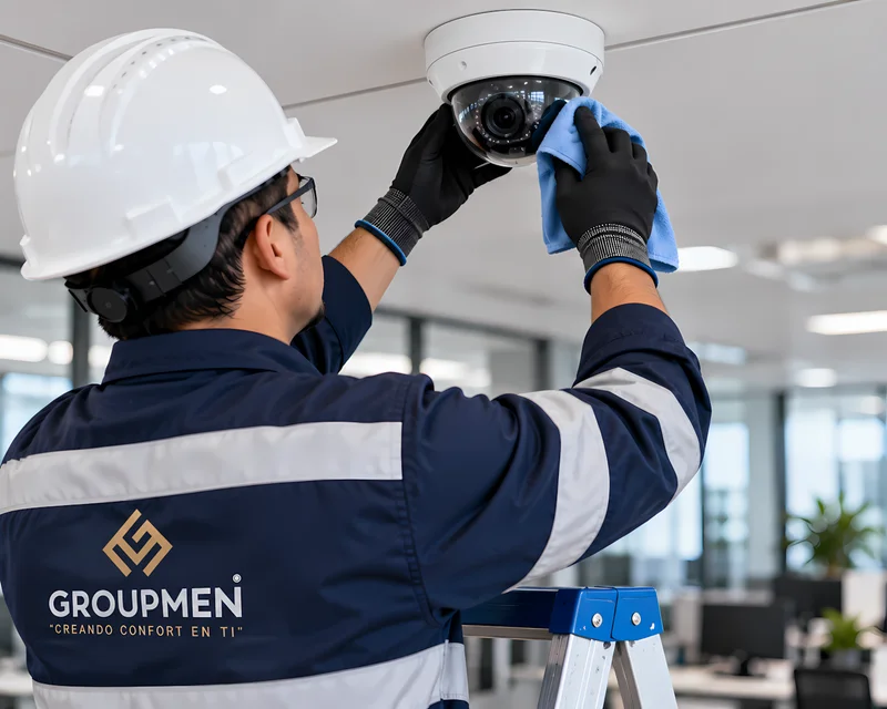 Técnico limpiando el domo de una cámara de seguridad durante el mantenimiento de CCTV