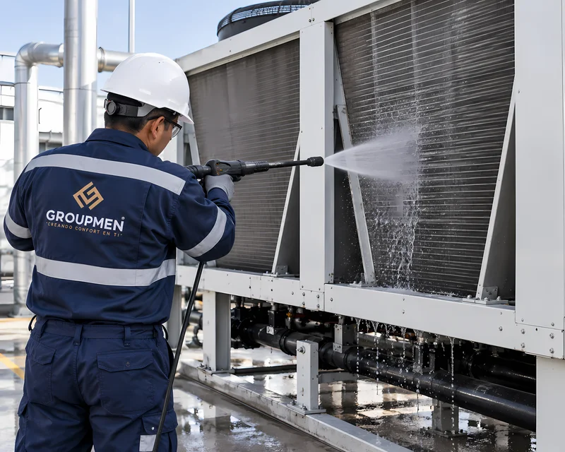 Técnico limpiando serpentines del condensador de un chiller industrial