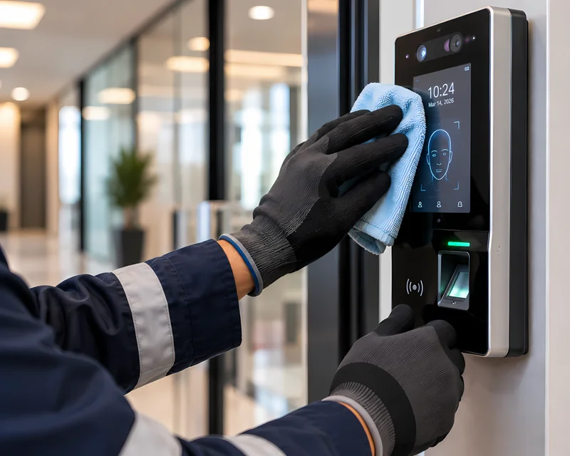 Técnico limpiando el sensor de una lectora biométrica de huella y rostro en el mantenimiento de control de acceso