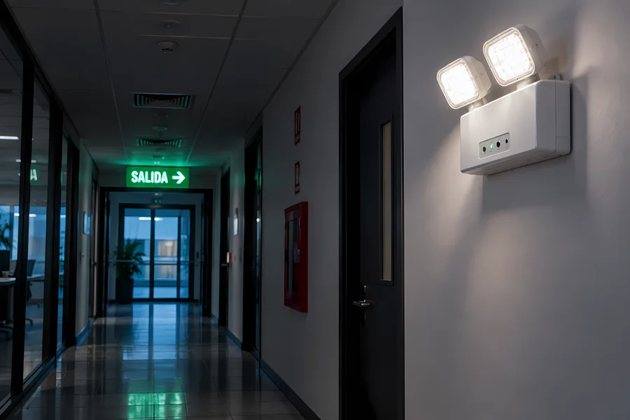 Luces de emergencia instaladas en pasillo de oficina corporativa