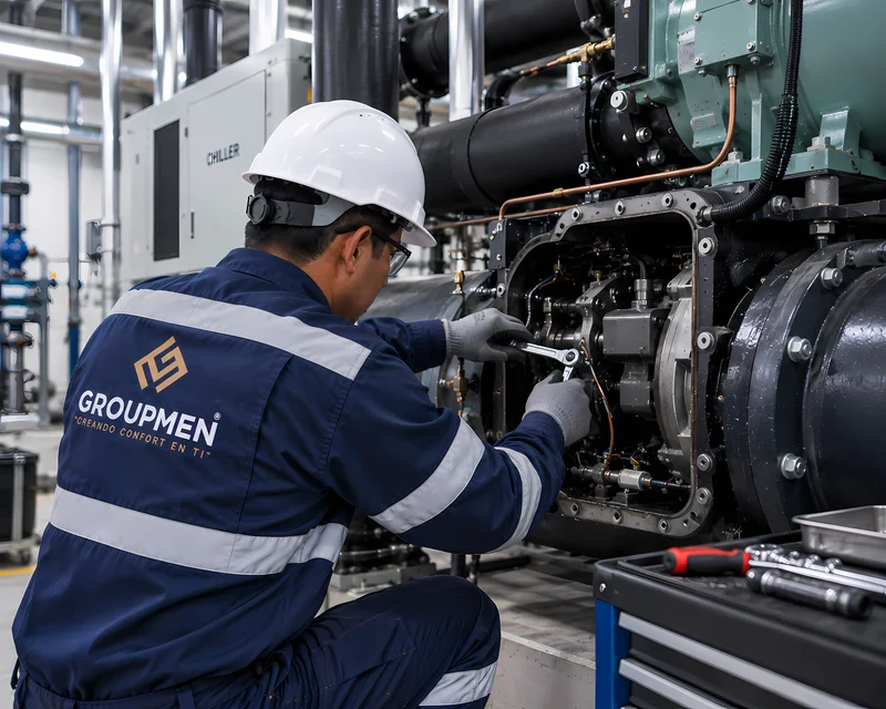 Técnico reparando compresor de chiller industrial