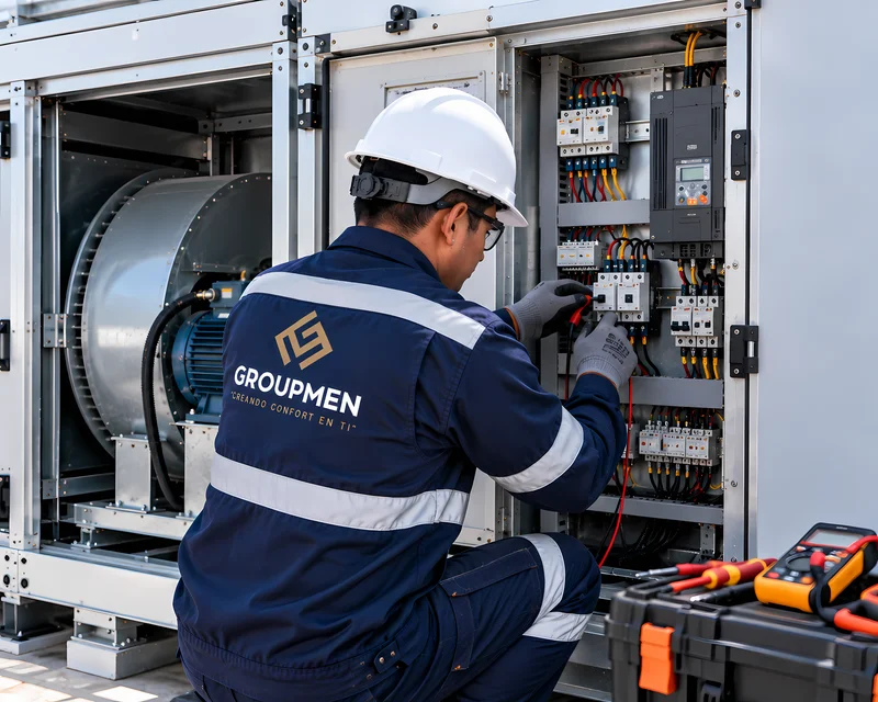 Técnico realizando mantenimiento correctivo en Unidad Manejadora de Aire