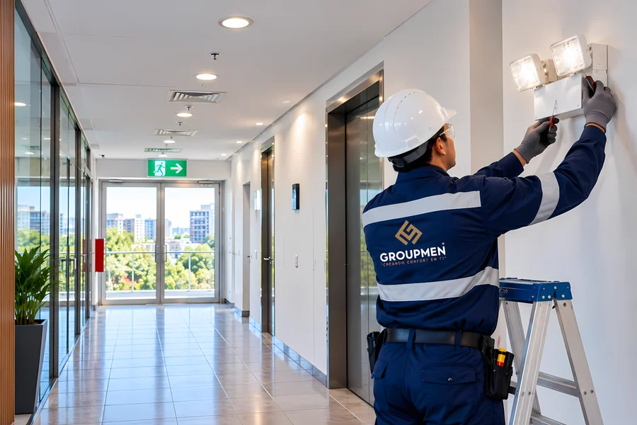 Mantenimiento de luces de emergencia para empresas en un pasillo corporativo