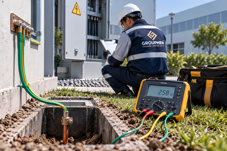 Técnico midiendo resistencia de pozo a tierra con telurómetro en subestación eléctrica