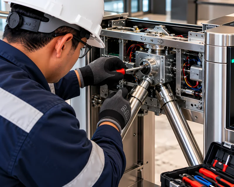 Técnico ajustando el mecanismo interno de un torniquete durante el mantenimiento de control de acceso