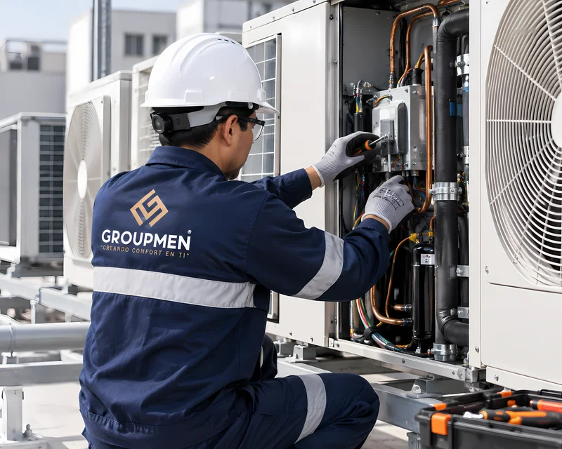 Técnico realizando mantenimiento preventivo en equipos de climatización