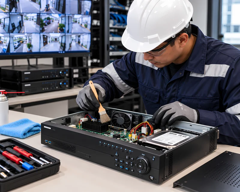 Técnico realizando mantenimiento preventivo de NVR en oficina