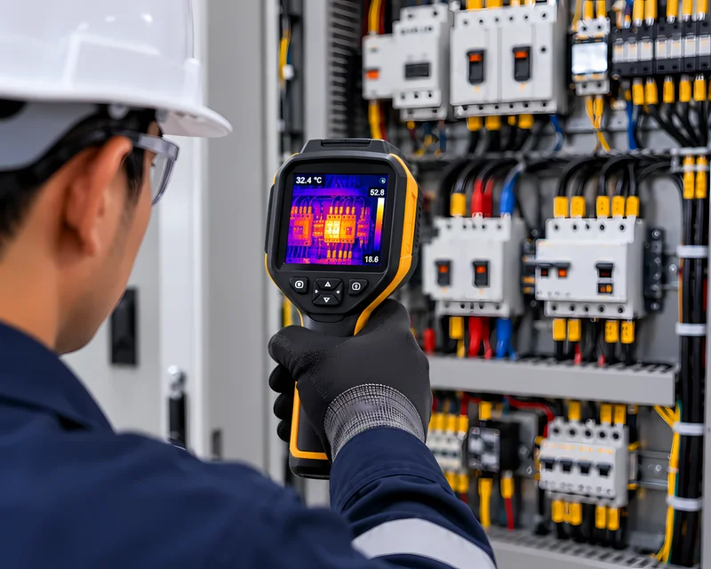 Técnico usando cámara termográfica para revisar los interruptores de un tablero eléctrico