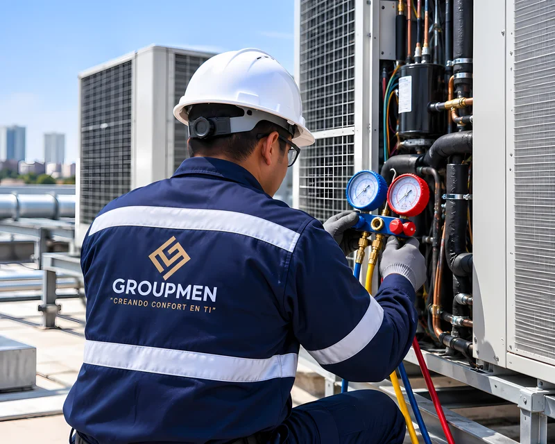 Técnico midiendo temperatura y presión en diagnóstico HVAC para empresas