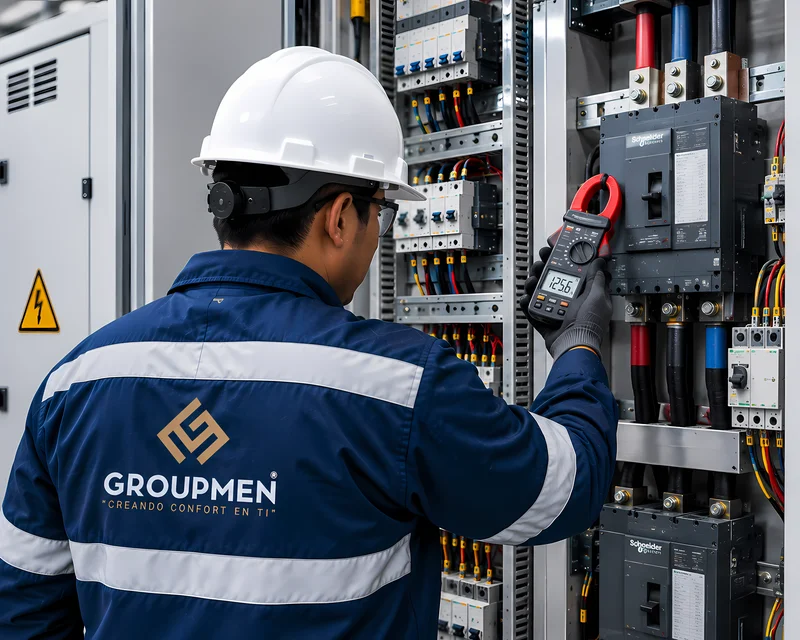 Técnico usando pinza amperimétrica para medición eléctrica