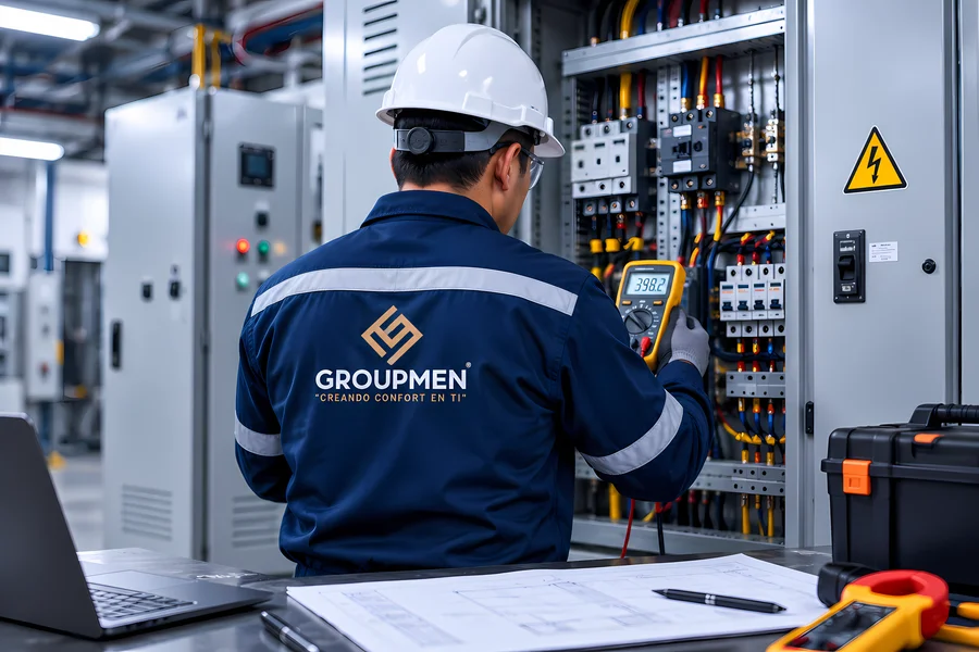 Técnico realizando mediciones eléctricas para empresas con analizador de energía en tablero industrial