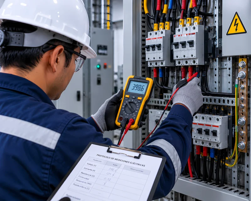 Técnico evaluando parámetros de seguridad eléctrica en instalación industrial