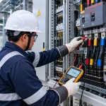 Megado de cables eléctricos con megóhmetro en tablero industrial