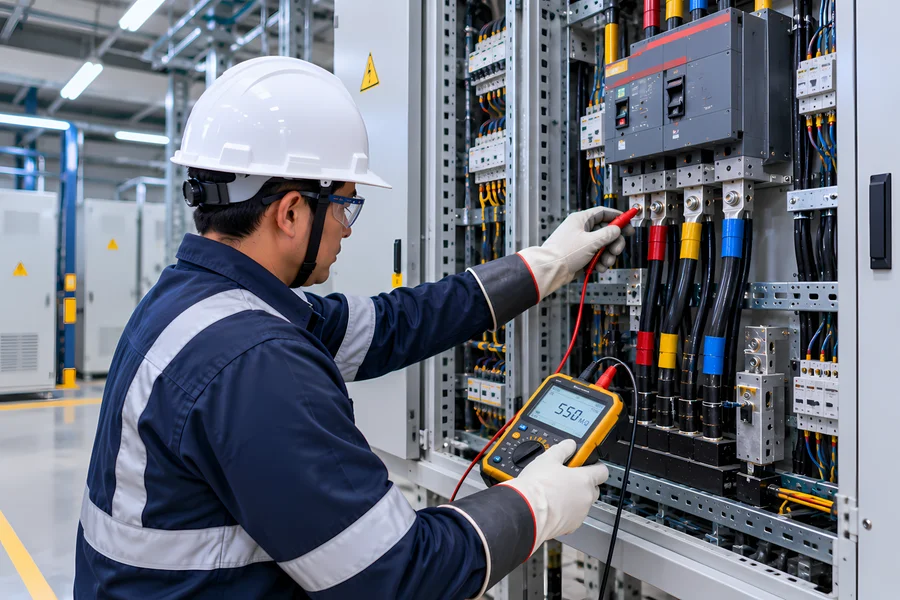 Megado de cables eléctricos con megóhmetro en tablero industrial
