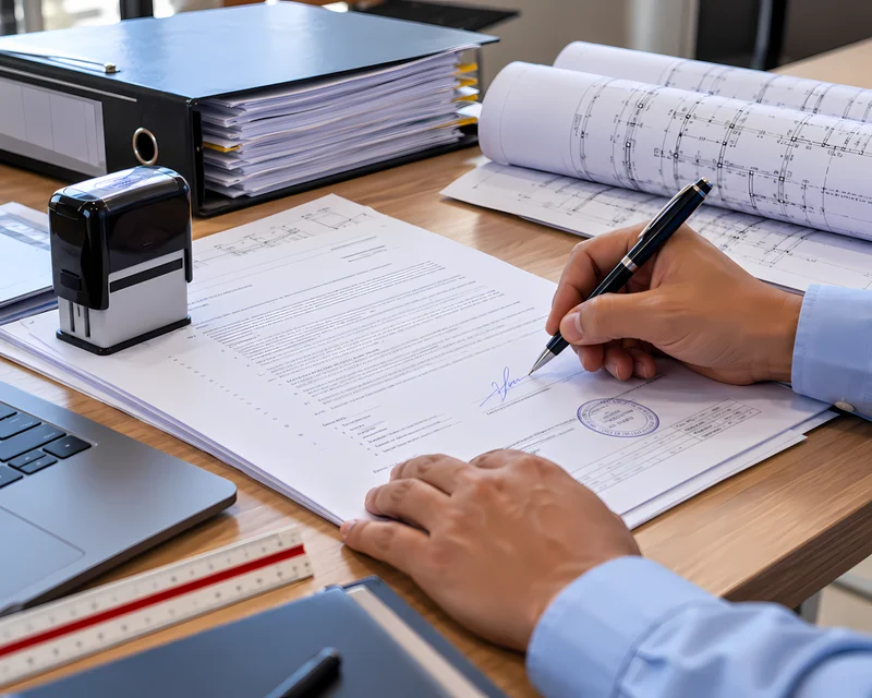 Ingeniero firmando y sellando la memoria descriptiva y los planos del expediente técnico