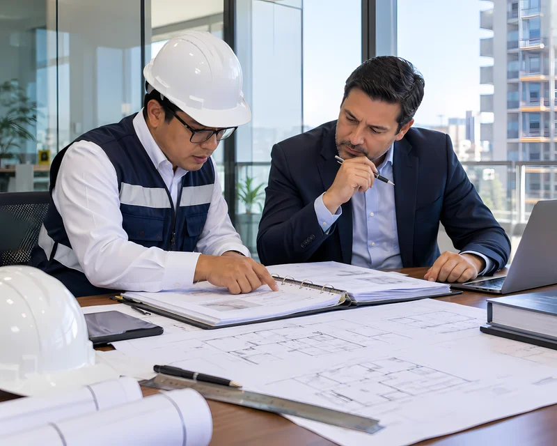 Ingeniero revisando la memoria descriptiva del expediente técnico con el jefe de proyectos de una empresa