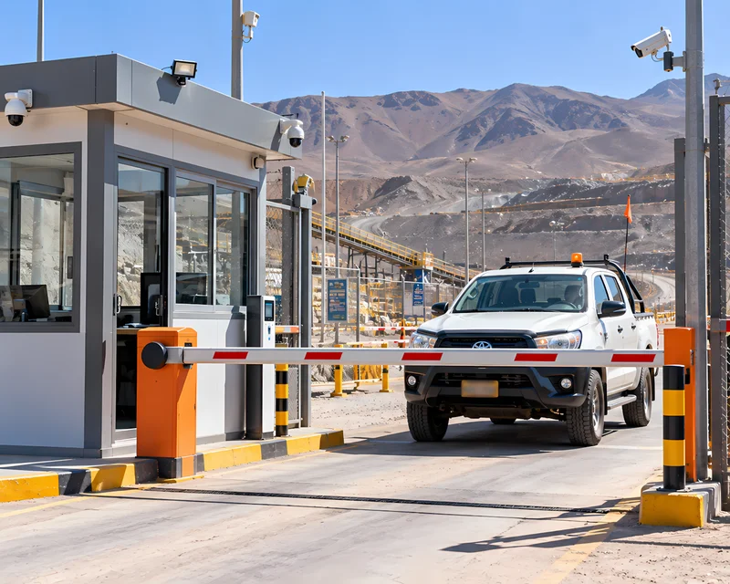 Barrera vehicular de control de acceso en la garita de ingreso de una unidad minera