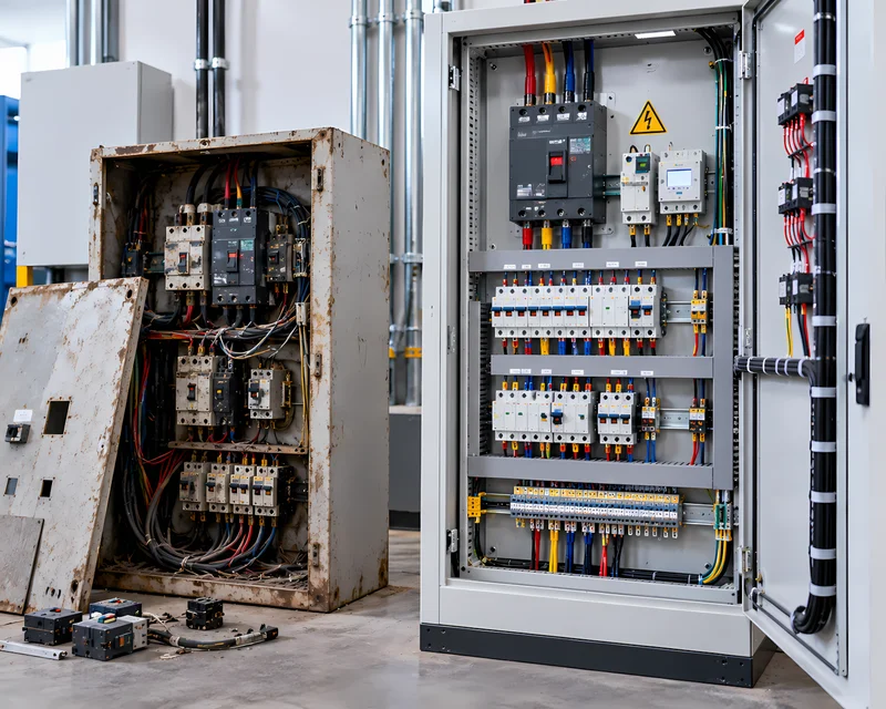 Tablero eléctrico moderno instalado en reemplazo de un tablero antiguo en una empresa