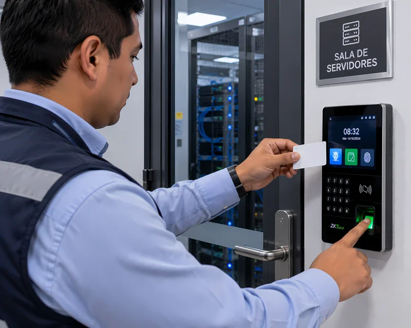Colaborador validando huella y tarjeta en un lector biométrico multimodal de una sala de servidores