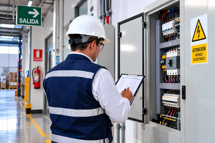 Técnico revisando tablero eléctrico durante una inspección técnica de seguridad ITSE en una empresa.