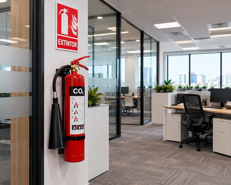 Extintor de CO2 en sala de servidores de oficina corporativa