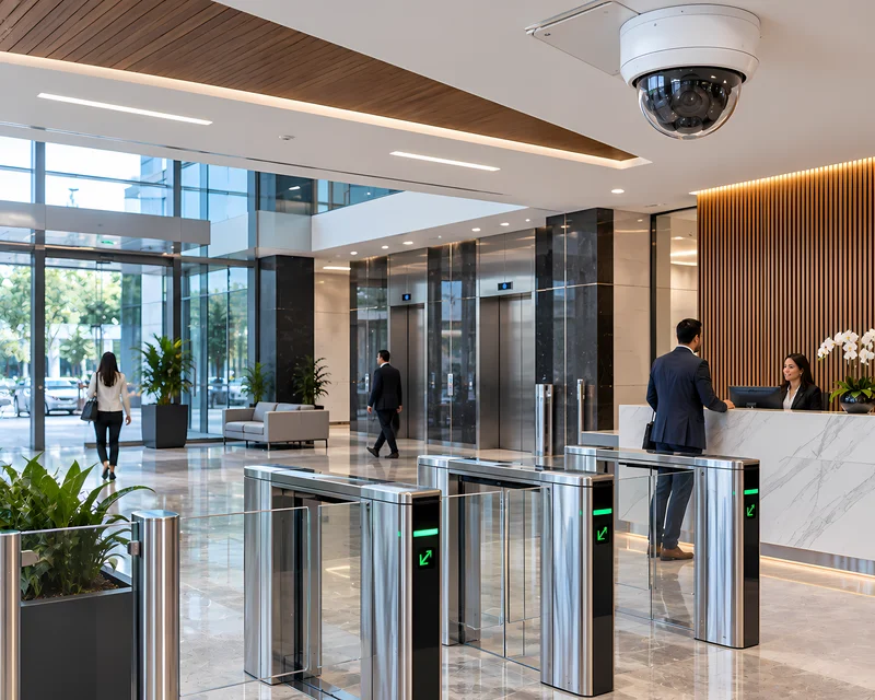 Lobby de un edificio corporativo con cámara de seguridad y torniquetes de acceso